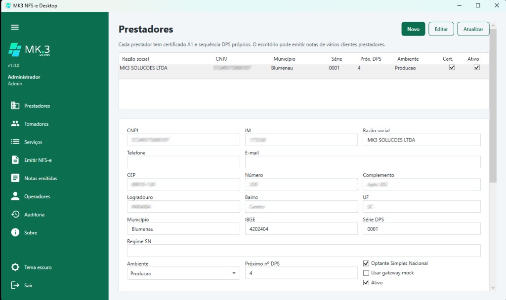Tela Prestadores do MK3 NFS-e Desktop, com lista de CNPJs e cadastro do prestador